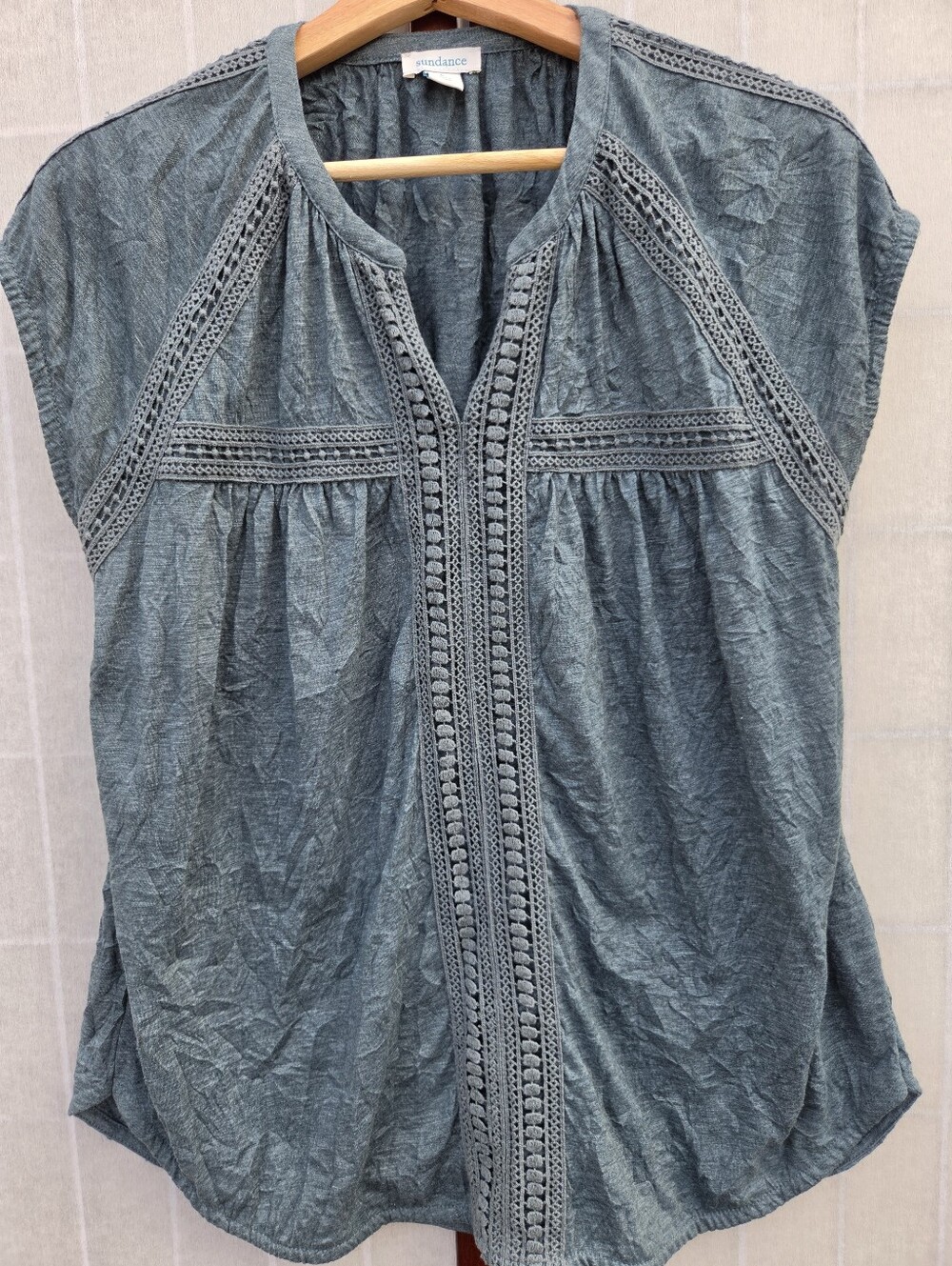 Sundance Boho Crochet Trim Split Neck Slub Knit Blouse Teal Blue Cottagecore L